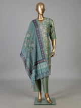 Sage green printed cotton kurti set with embroidered V neck