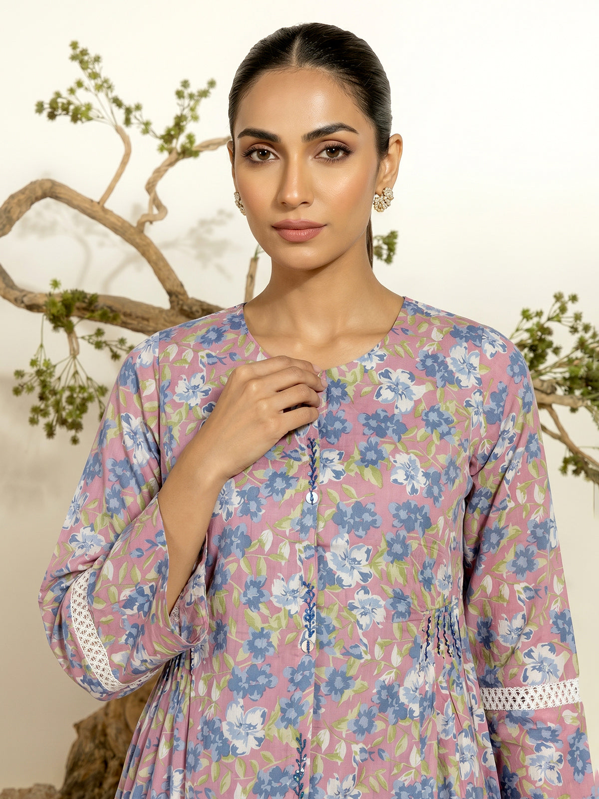 Pink floral printed A line cotton kurti set