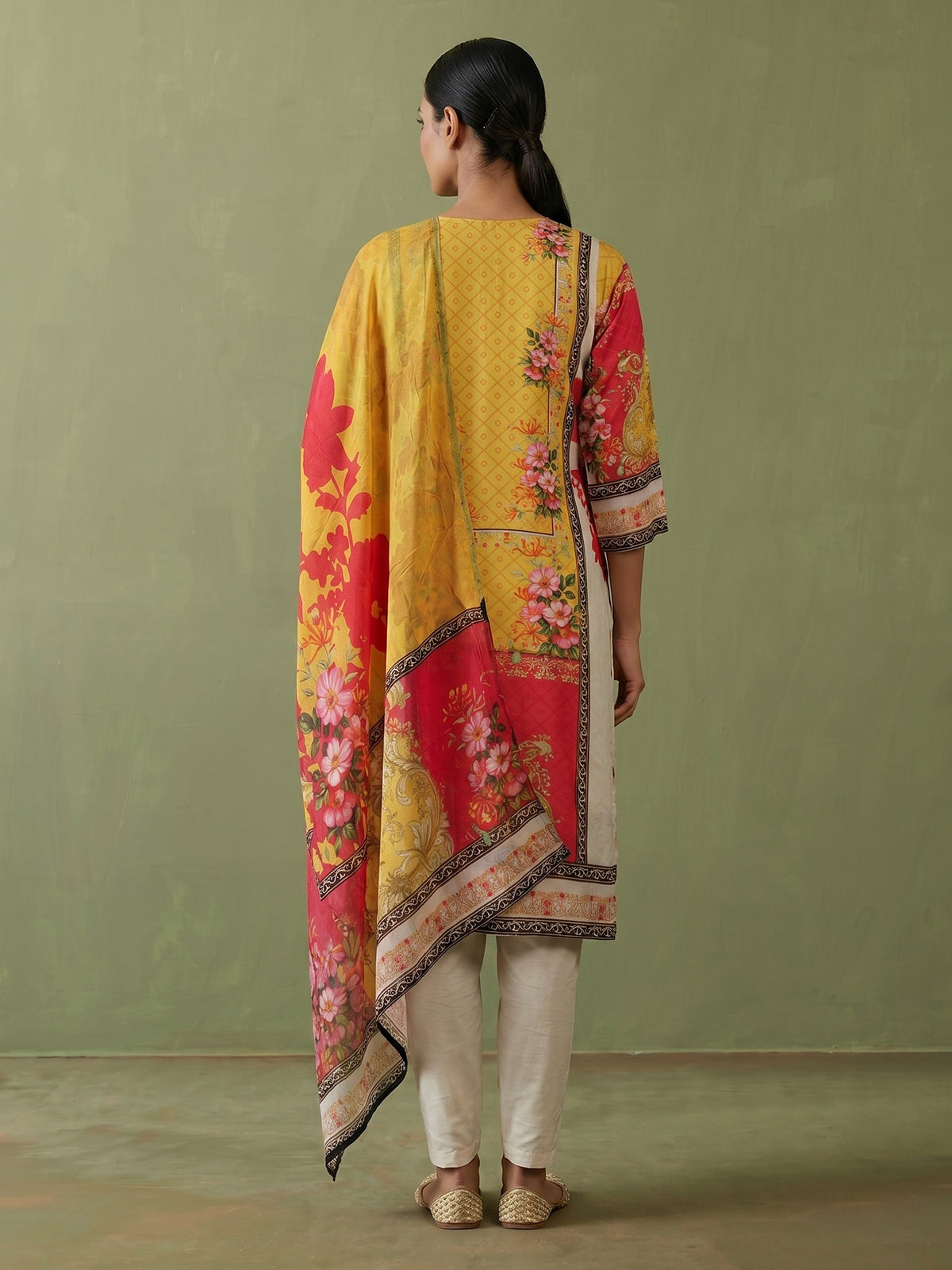 Cream cotton silk digital print kurti set with embellished neckline