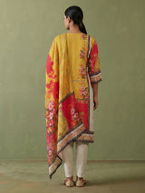 Cream cotton silk digital print kurti set with embellished neckline