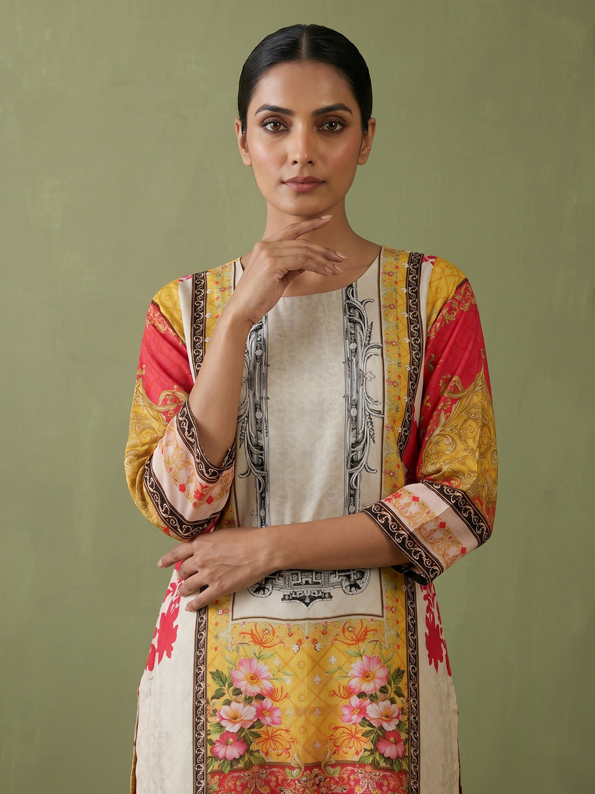 Cream cotton silk digital print kurti set with embellished neckline