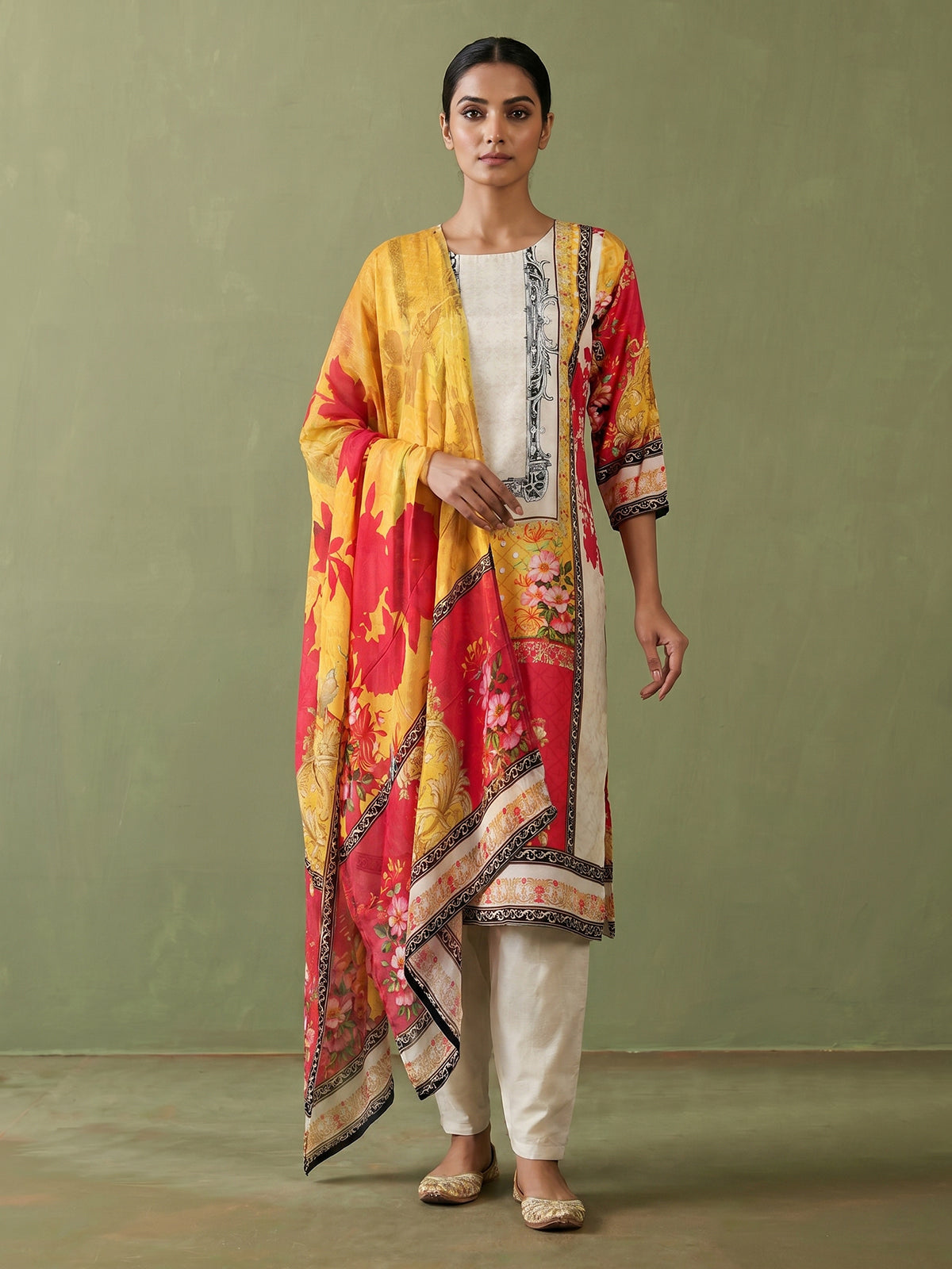 Cream cotton silk digital print kurti set with embellished neckline