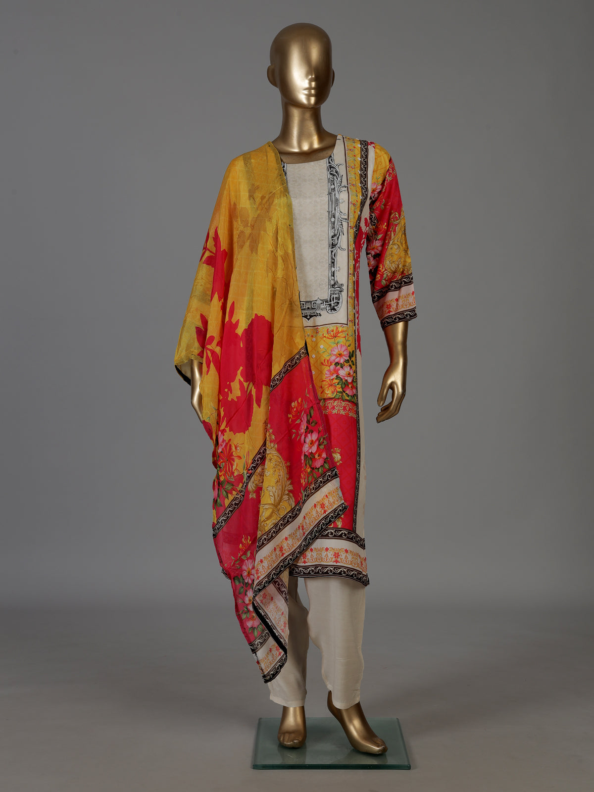 Cream cotton silk digital print kurti set with embellished neckline