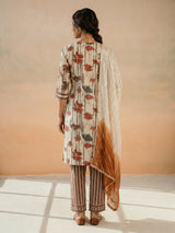Beige cotton silk printed festive kurti set with ombre dupatta