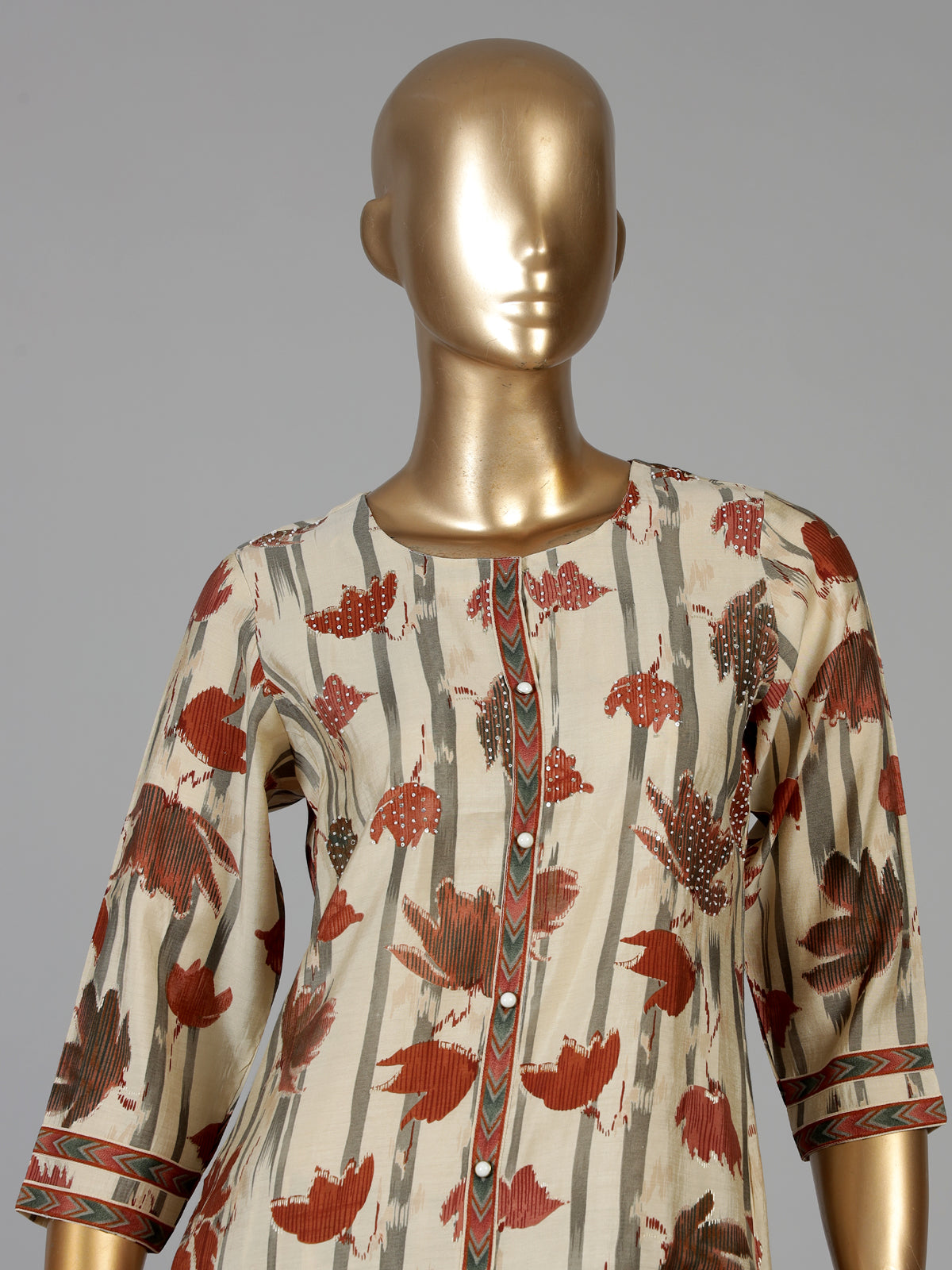 Beige cotton silk printed festive kurti set with ombre dupatta
