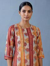 Peach muslin silk blend striped kurti set