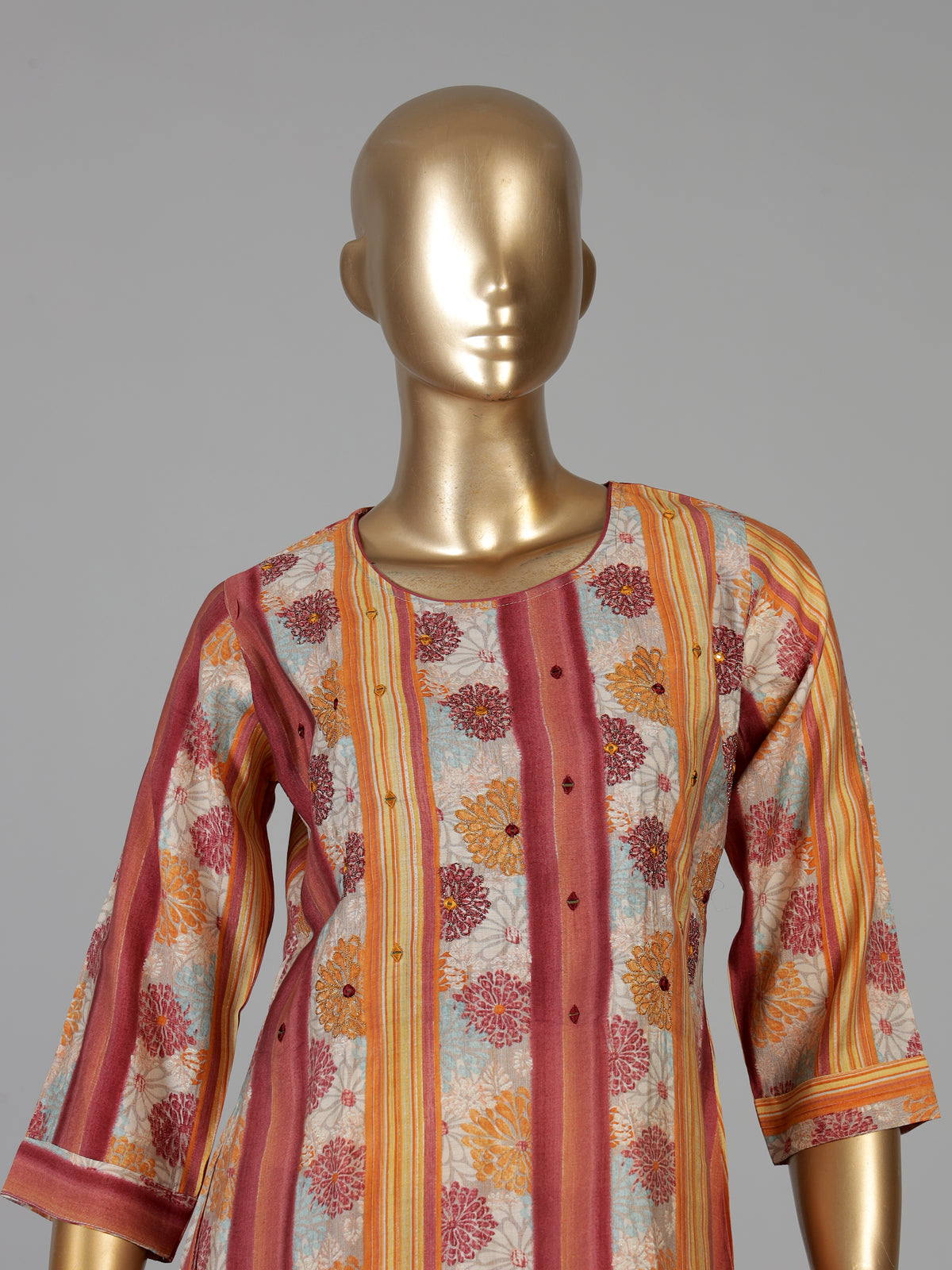 Peach muslin silk blend striped kurti set