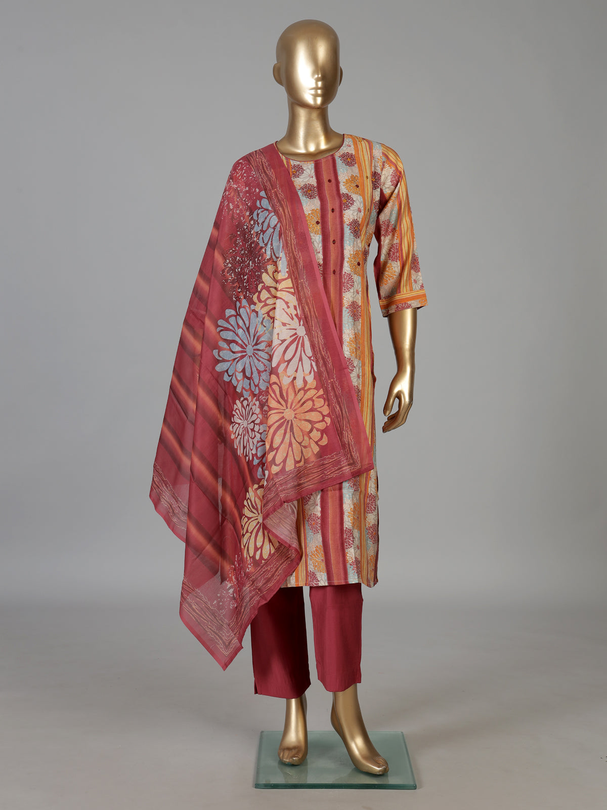 Peach muslin silk blend striped kurti set