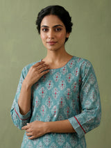 Blue muslin silk printed kurti set with mirror work