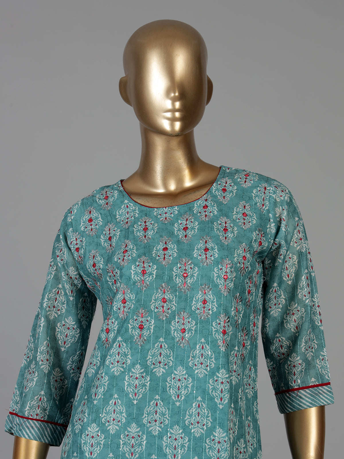 Blue muslin silk printed kurti set with mirror work