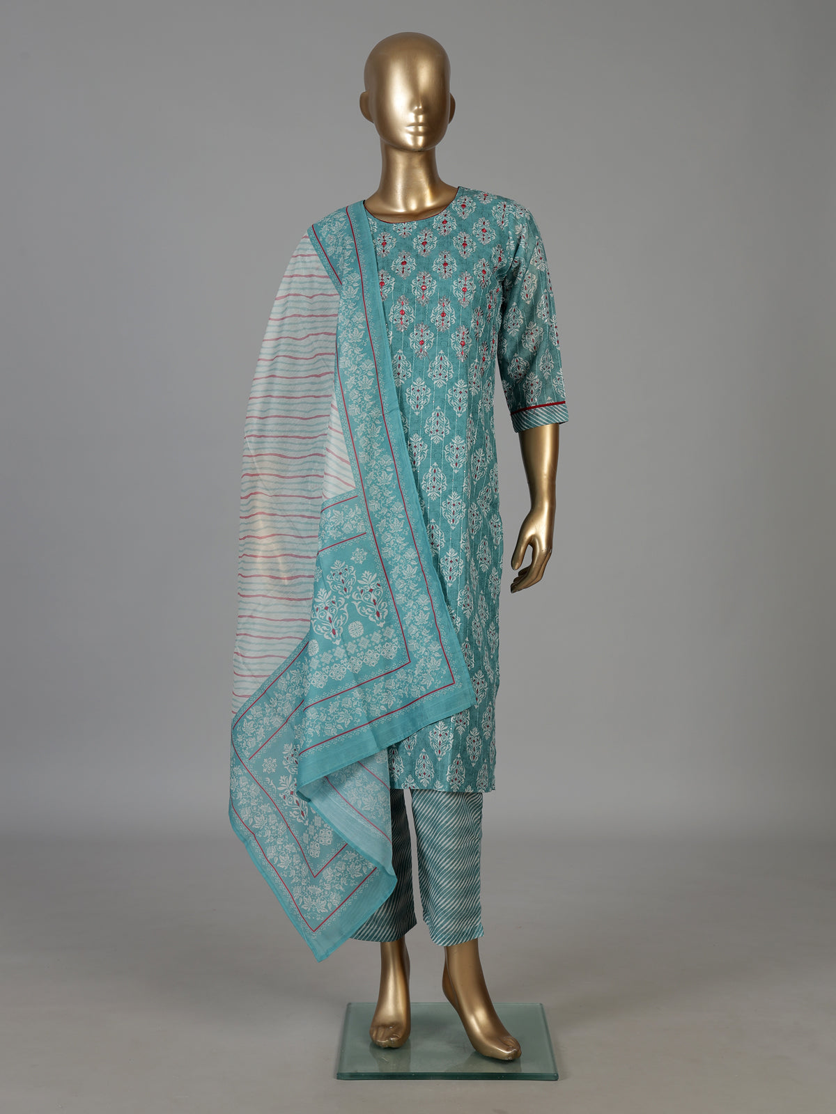 Blue muslin silk printed kurti set with mirror work