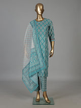 Blue muslin silk printed kurti set with mirror work