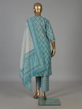 Blue muslin silk printed kurti set with mirror work