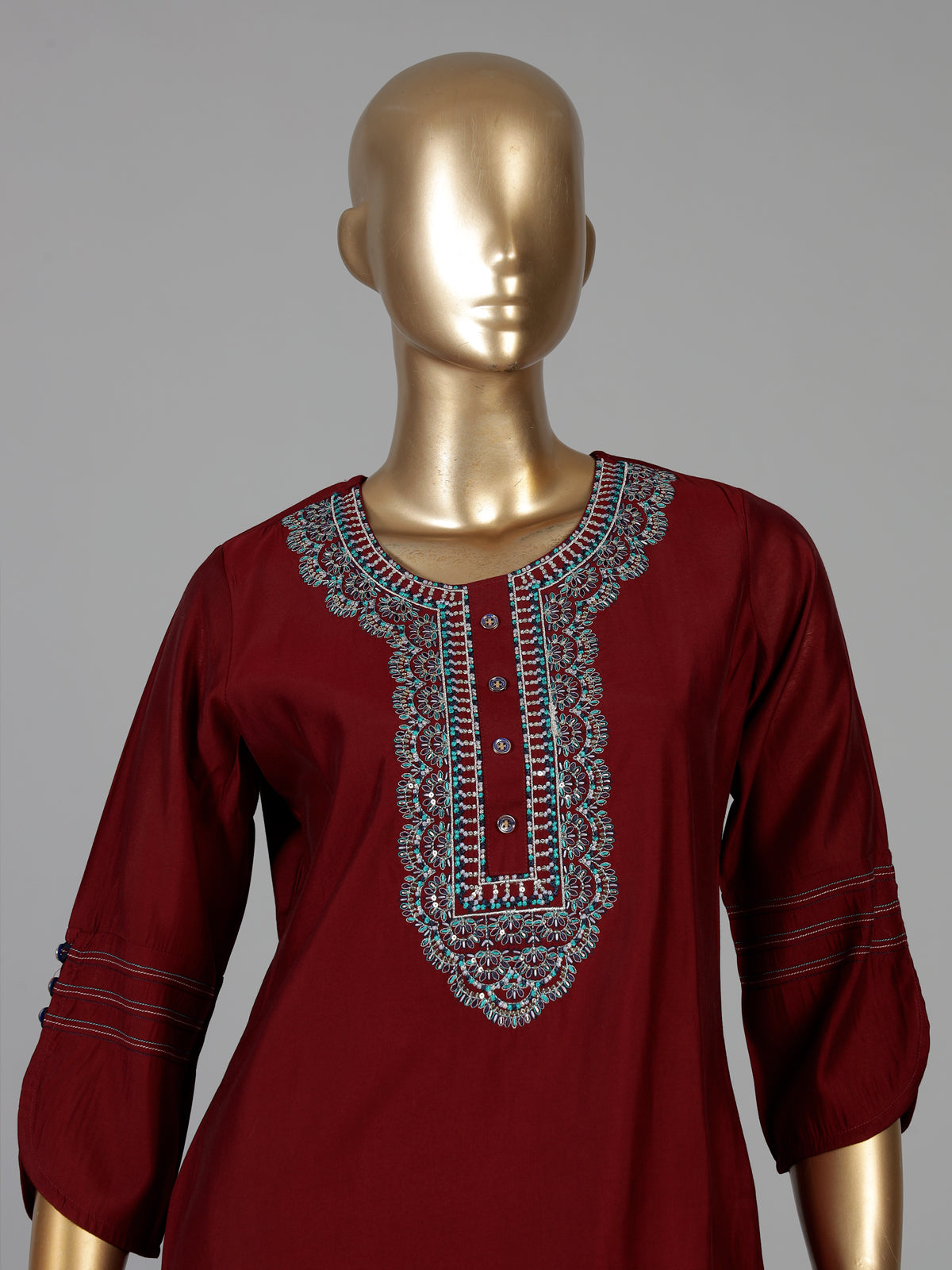 Maroon cotton embroidered festive kurti set
