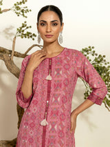 Pink cotton ethnic printed kurti set with tassel accents