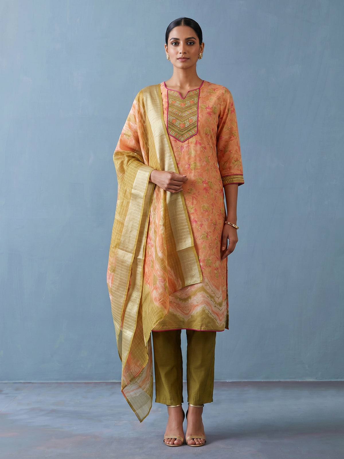 Peach silk floral printed festive kurti set