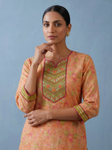 Peach silk floral printed festive kurti set