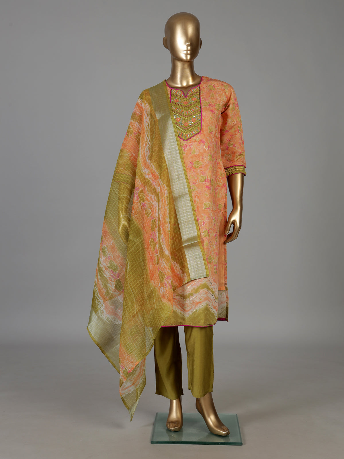 Peach silk floral printed festive kurti set