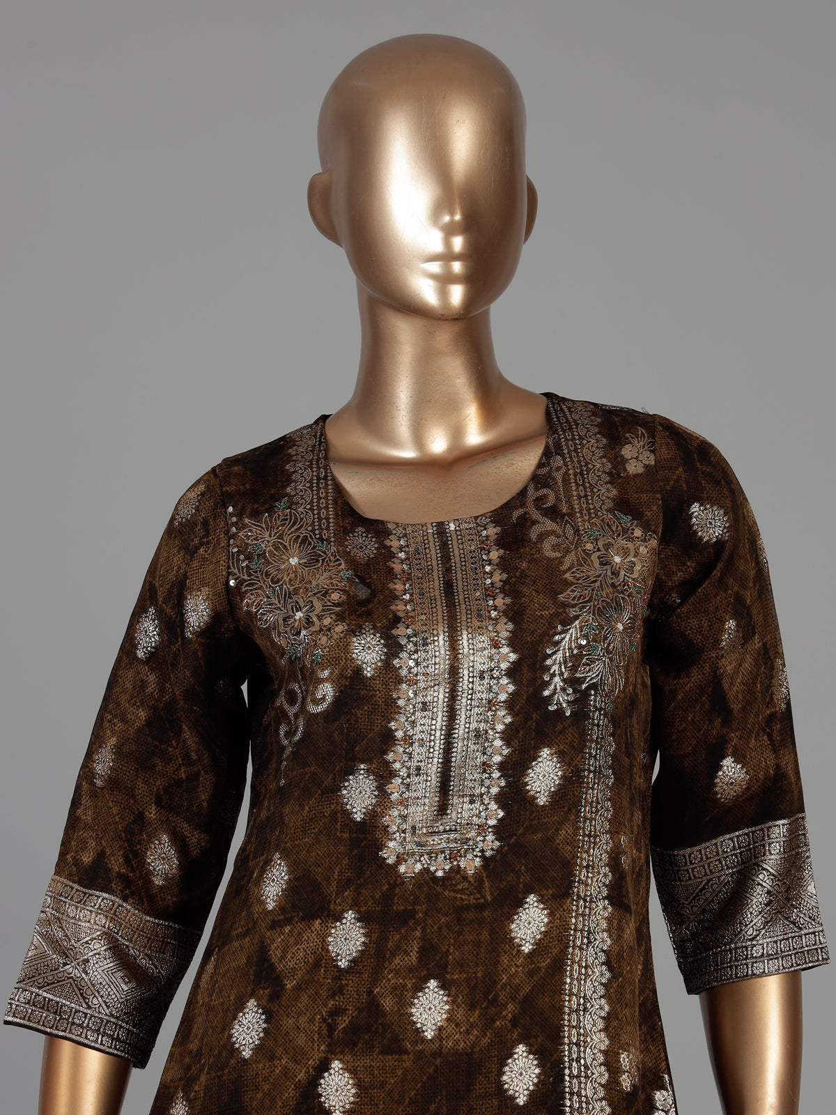 Brown silk festive kurti set with silver zari detailing