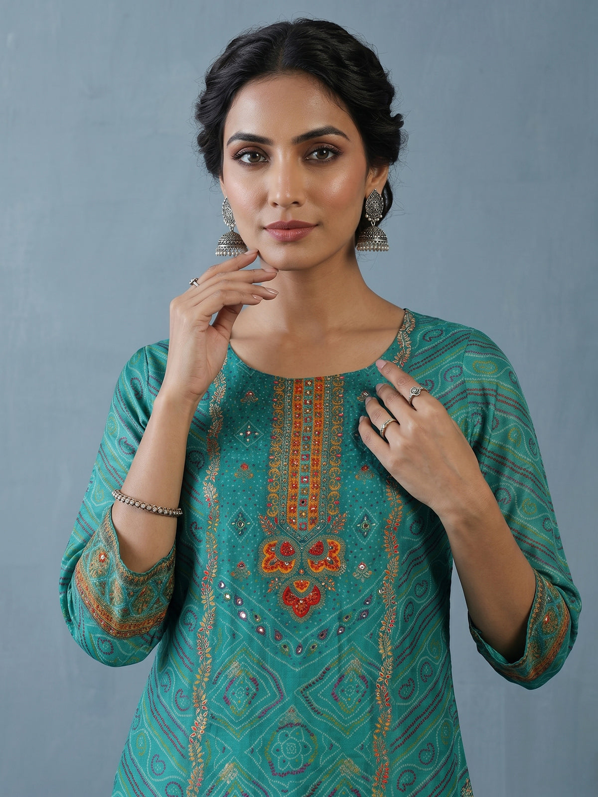 Rama green silk bandhani print festive kurti set