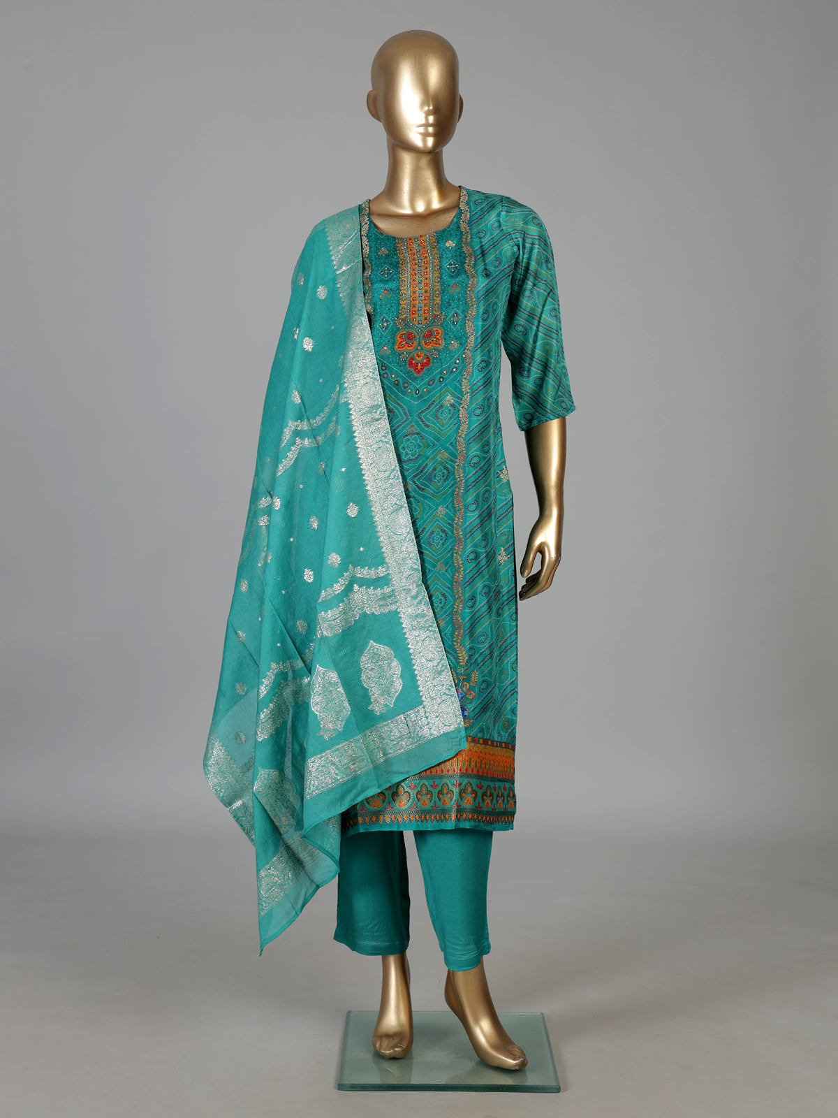 Rama green silk bandhani print festive kurti set