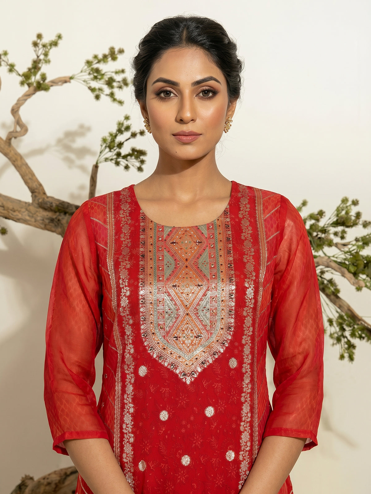 Crimson red silk blend festive kurti set with heavy embellishments