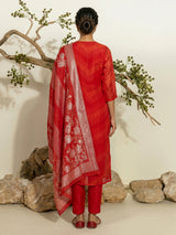 Crimson red silk blend festive kurti set with heavy embellishments