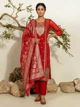 Crimson red silk blend festive kurti set with heavy embellishments