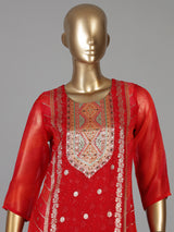 Crimson red silk blend festive kurti set with heavy embellishments