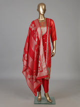 Crimson red silk blend festive kurti set with heavy embellishments