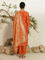 Orange silk festive kurti set with zari embellished neckline