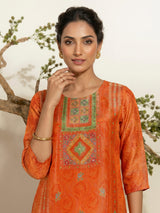 Orange silk festive kurti set with zari embellished neckline