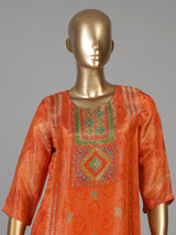 Orange silk festive kurti set with zari embellished neckline