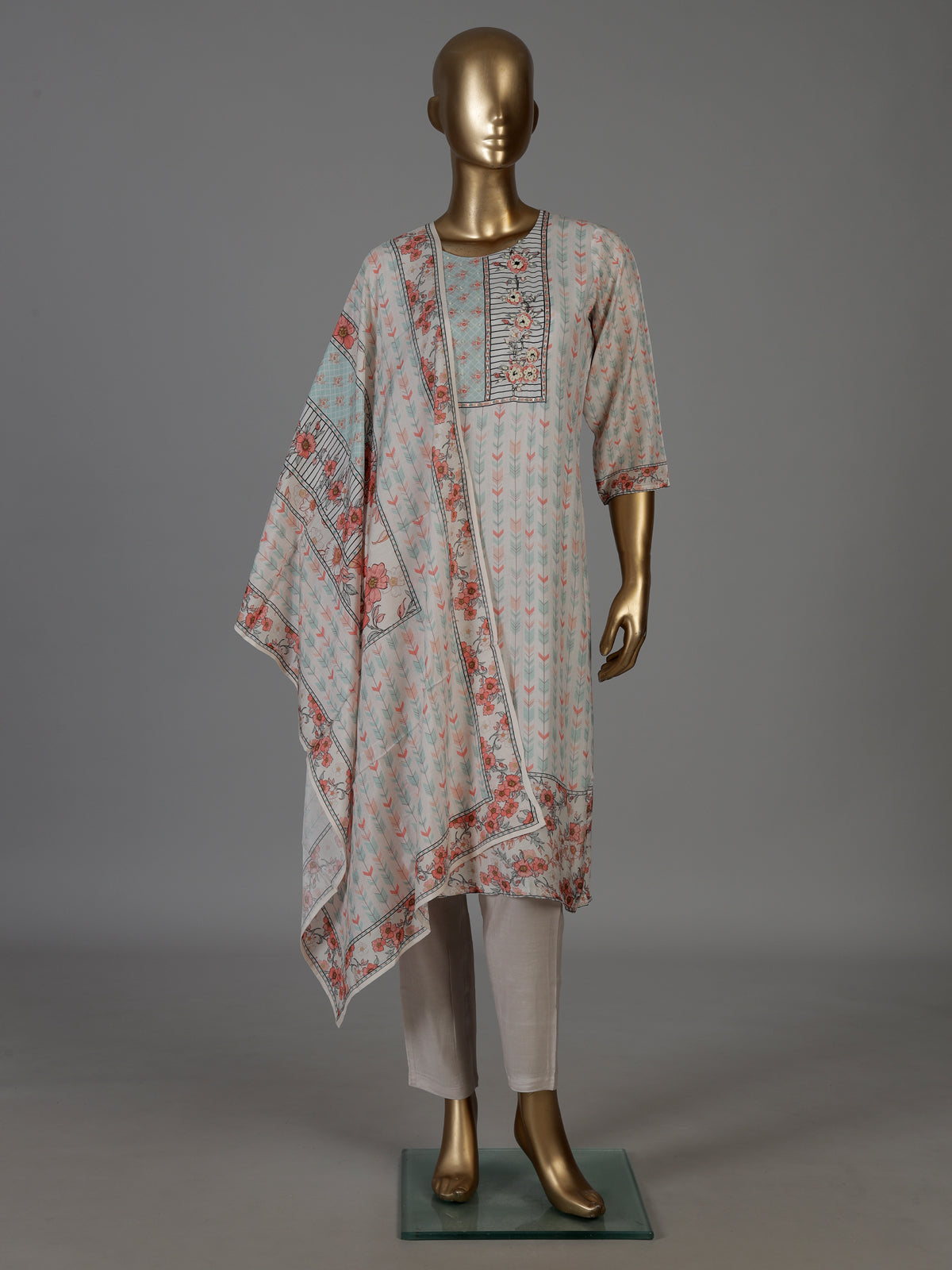 Cream geometric printed cotton kurti set with embellished yoke