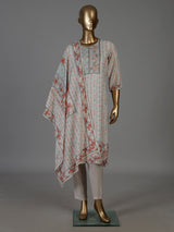 Cream geometric printed cotton kurti set with embellished yoke