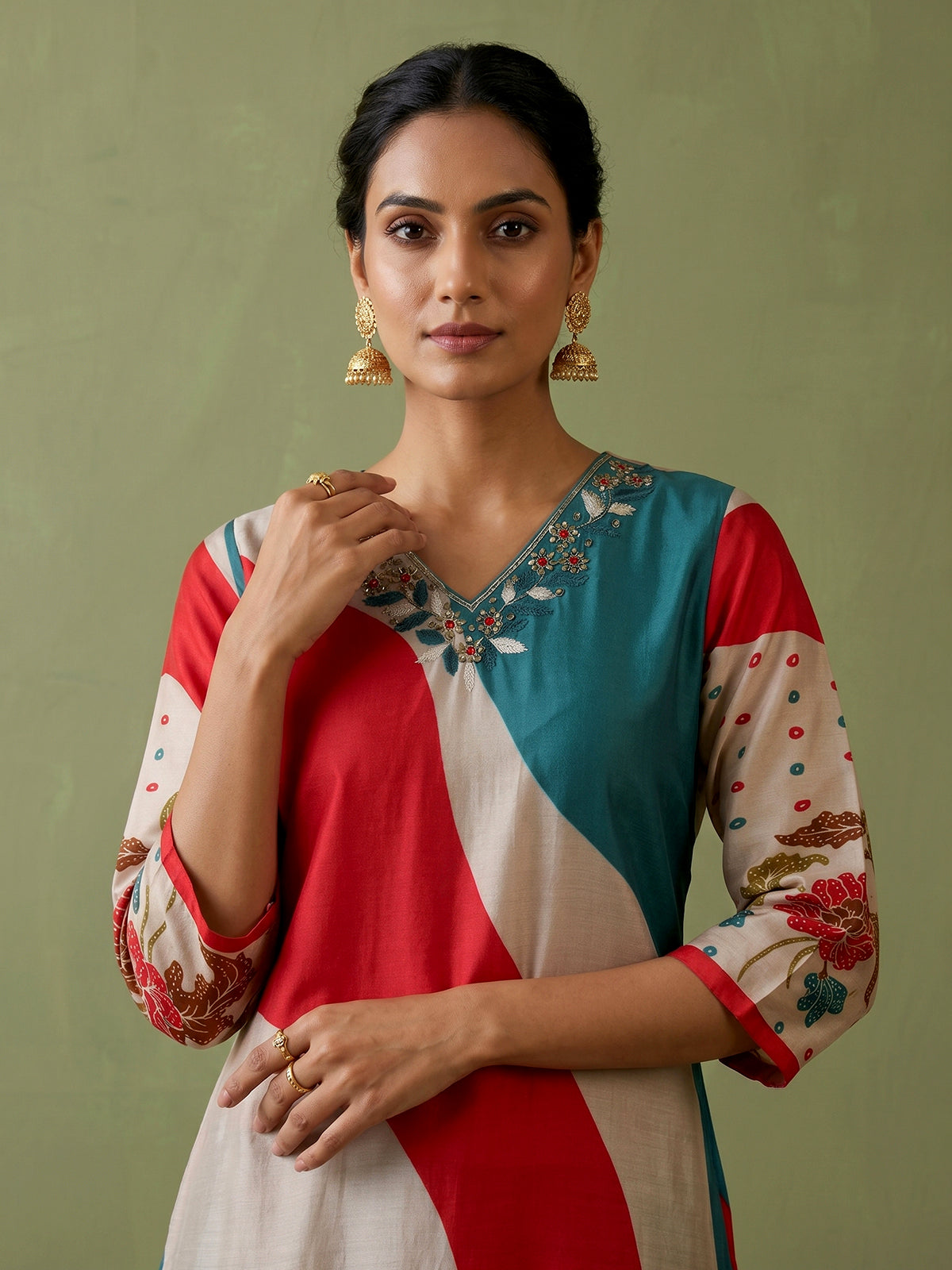 Multicolor silk blend festive kurti set with wave print