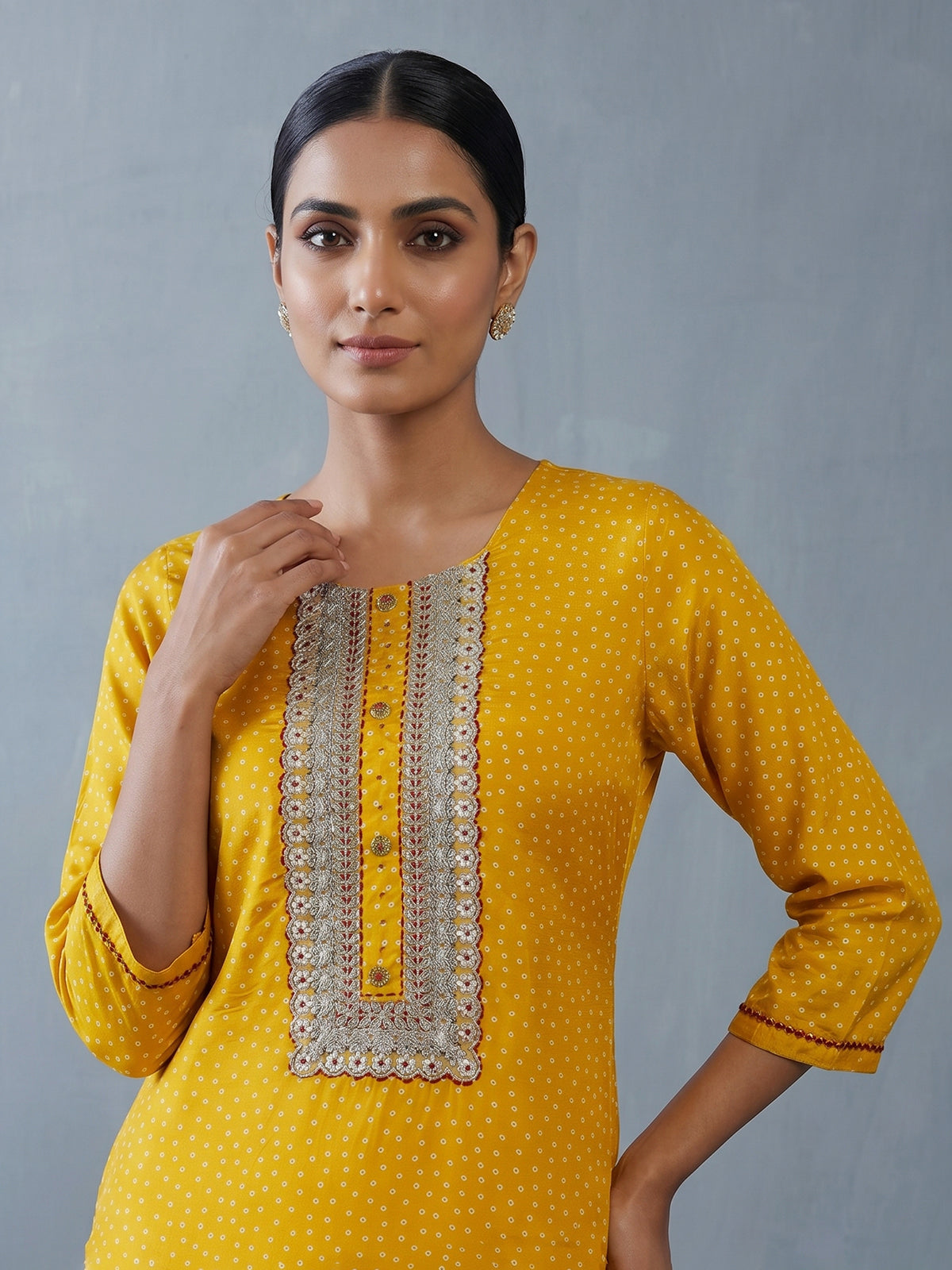 Mustard yellow silk festive kurti set with embellished yoke