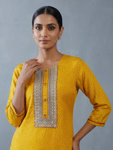Mustard yellow silk festive kurti set with embellished yoke
