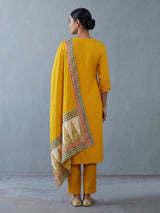 Mustard yellow silk festive kurti set with embellished yoke