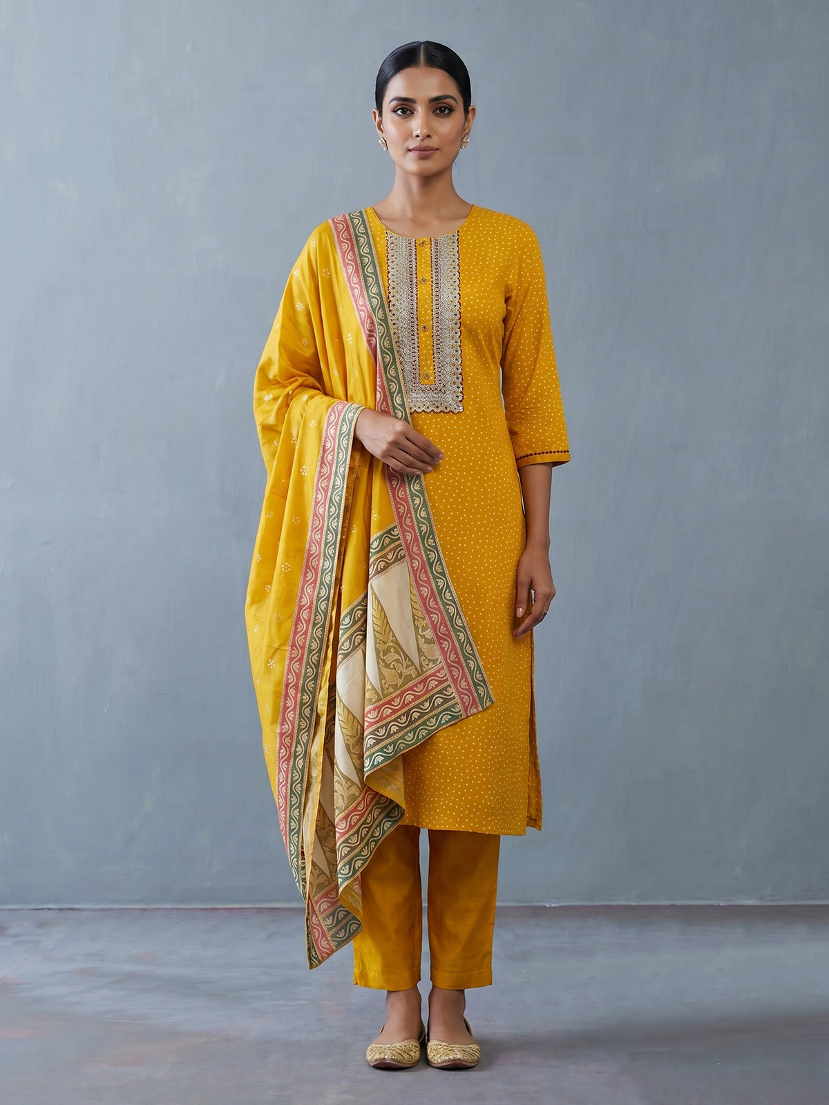 Mustard yellow silk festive kurti set with embellished yoke