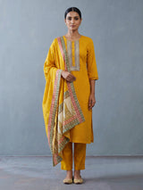 Mustard yellow silk festive kurti set with embellished yoke