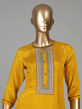 Mustard yellow silk festive kurti set with embellished yoke