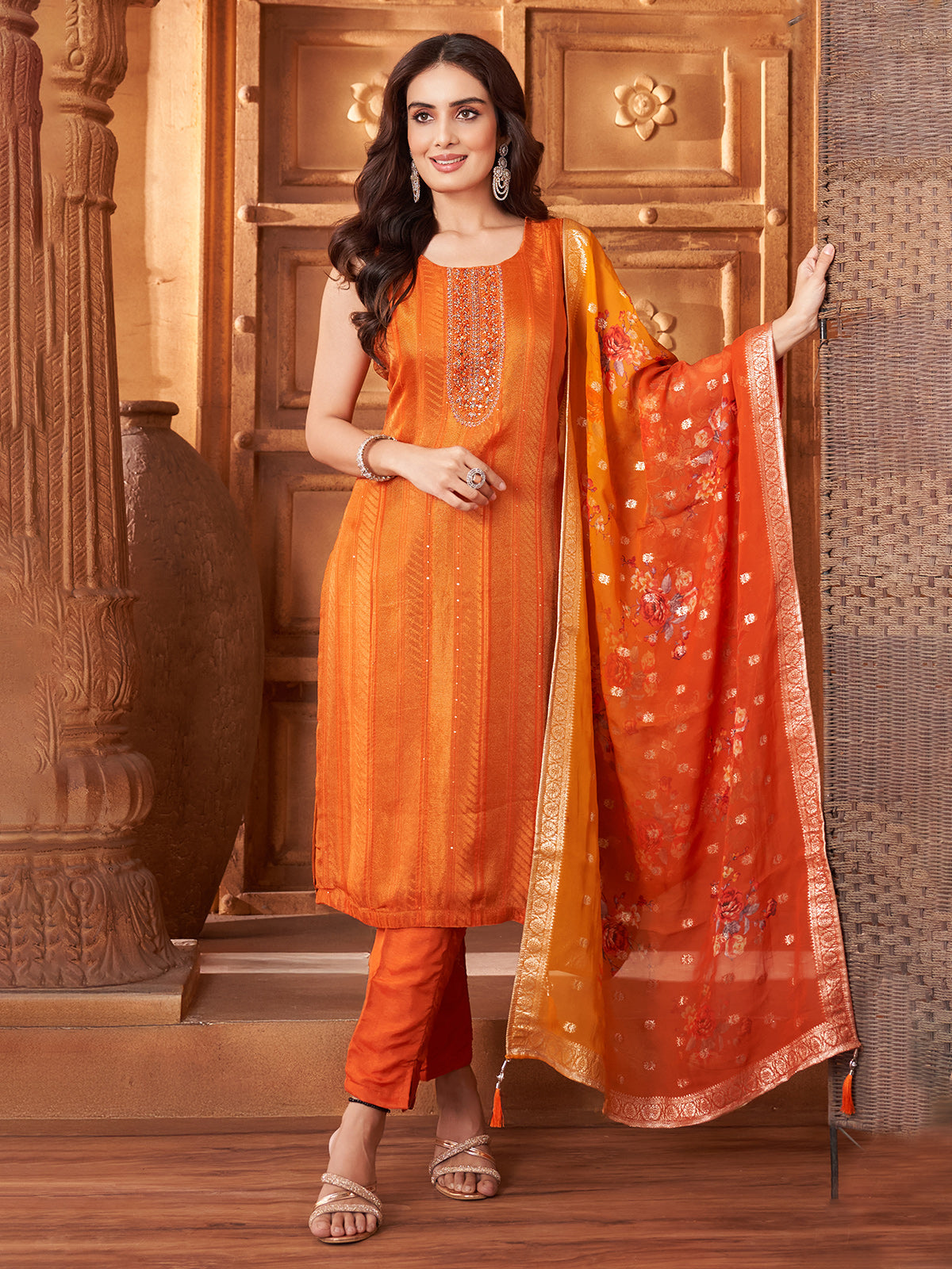 Orange silk festive salwar suit with zari work