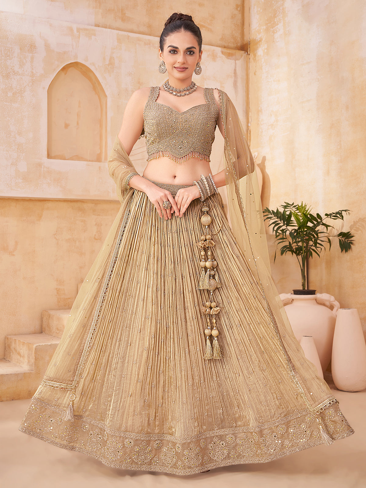 Beige silk embroidered designer lehenga choli
