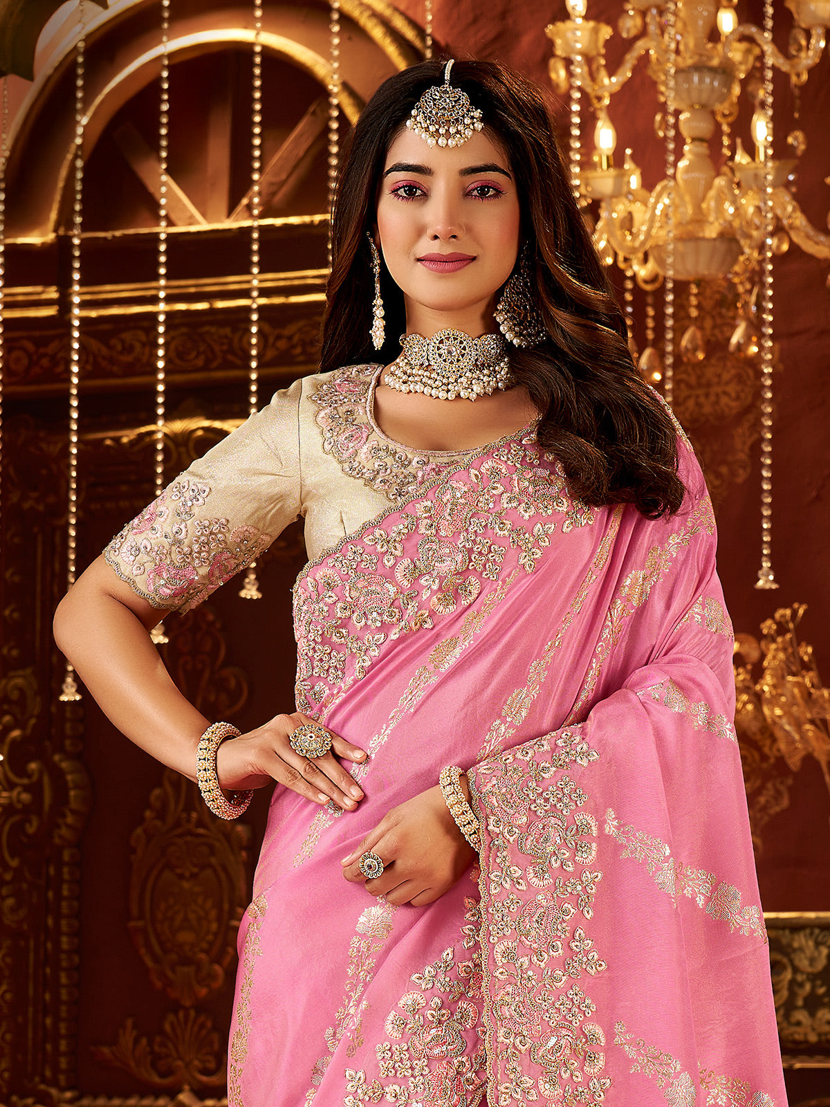 Light pink soft silk work saree with embroidery