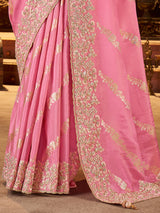 Light pink soft silk work saree with embroidery