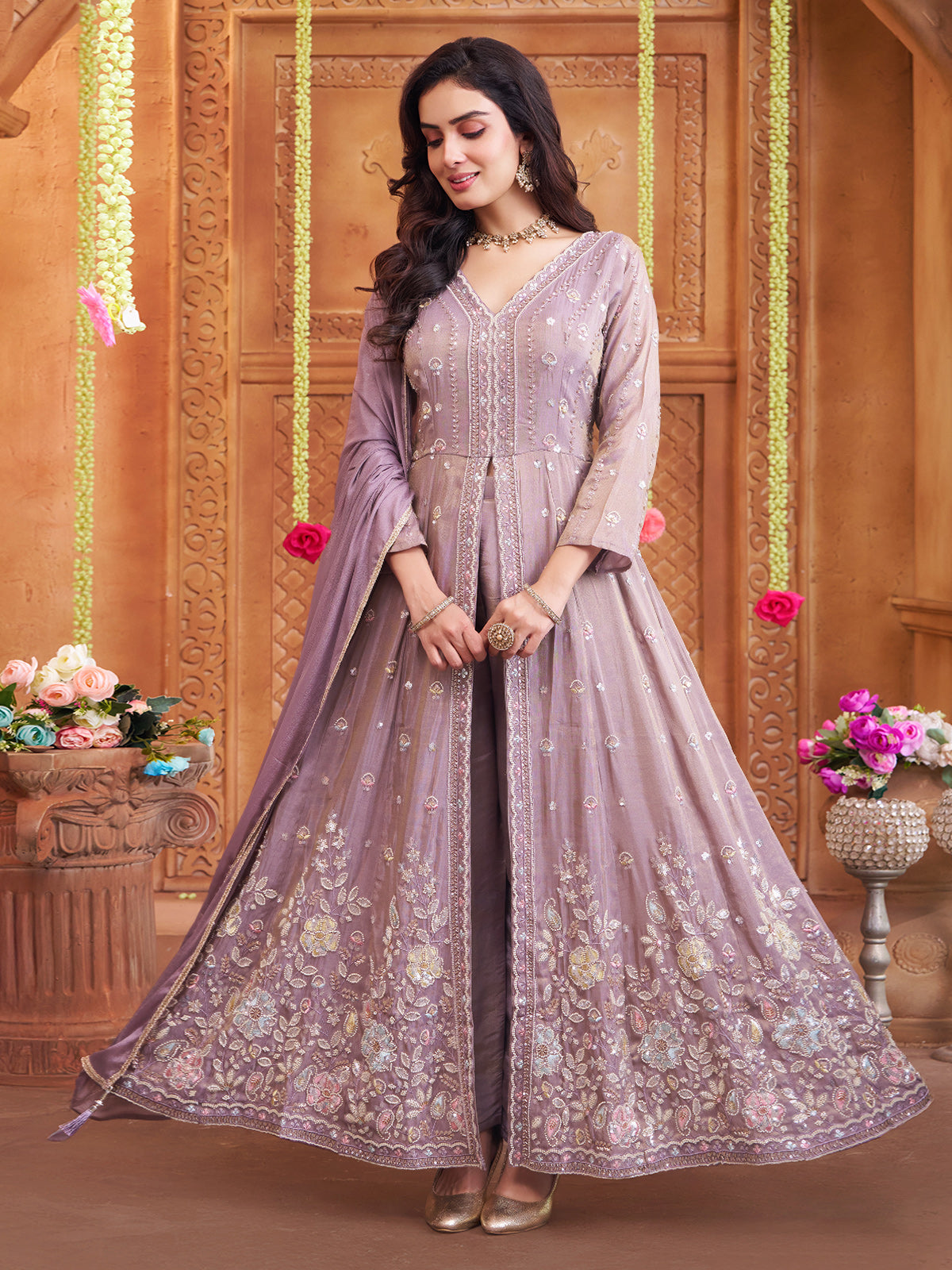 Light purple anarkali tissue silk festive wear suit