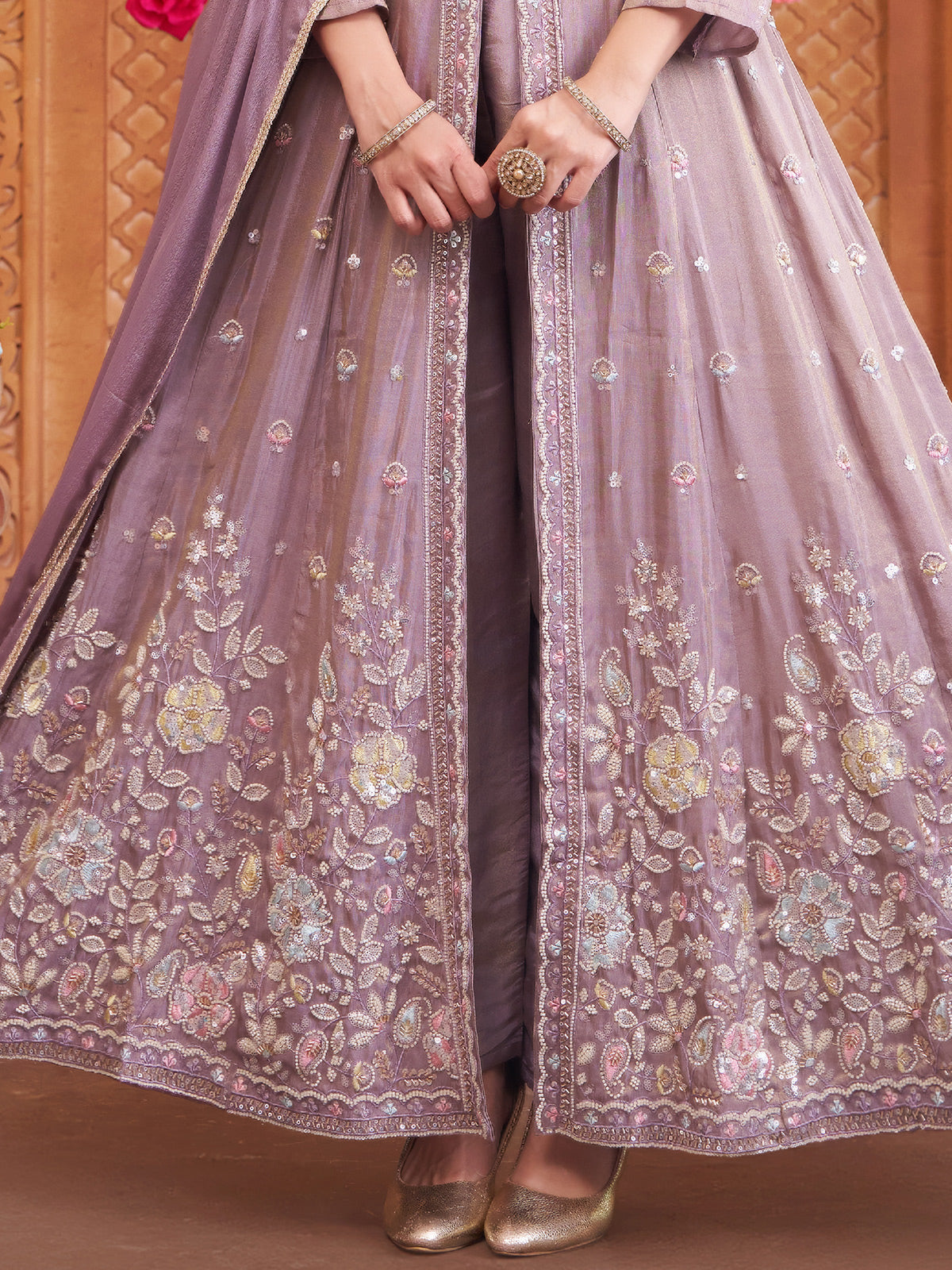 Light purple anarkali tissue silk festive wear suit