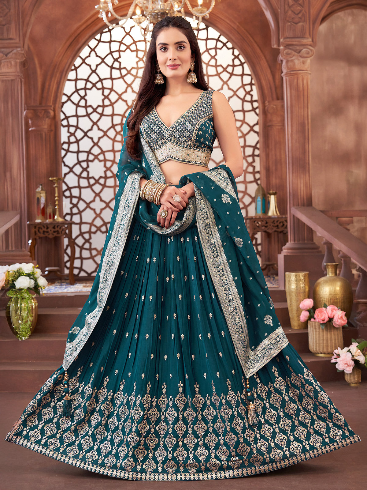 Rama blue georgette cutdana lehenga choli with V neckline