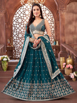 Rama blue georgette cutdana lehenga choli with V neckline